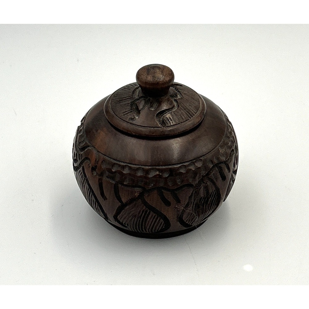 Vtg Hand Carved Wood Bowl Dish w/ Lid African Scene Trinket Dish Storage 3.5" D - Picture 3 of 6